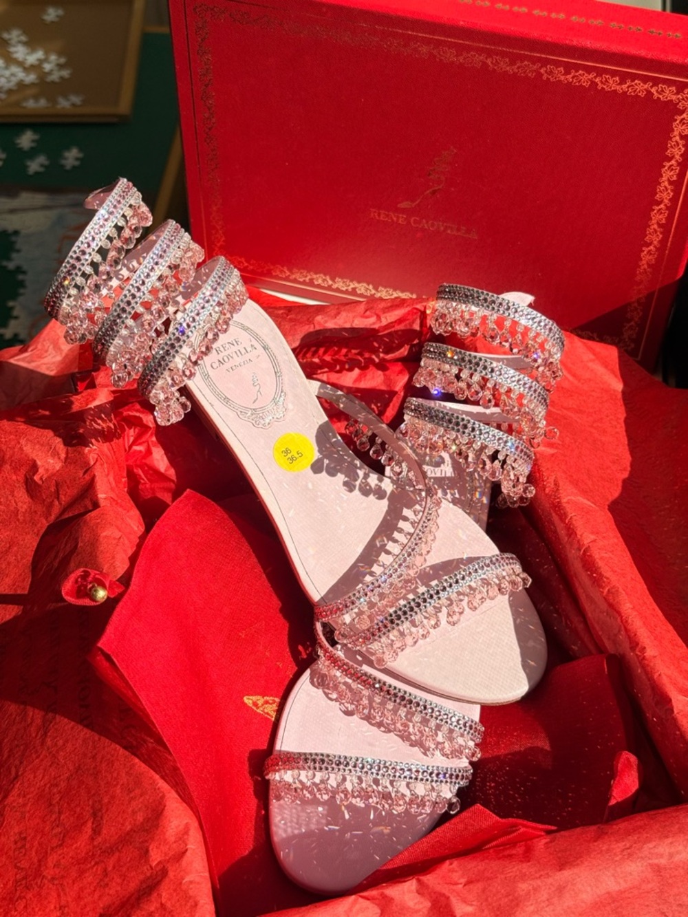 Rene Caovilla Blush Pink Crystal-Strap Evening Sandals